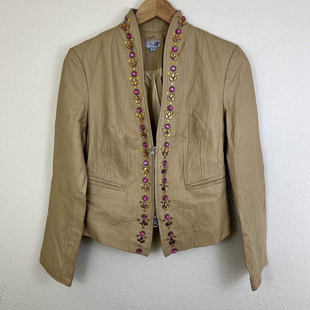 Venus Vintage Y2K Leather Jacket Womens M Beige Sequin Beaded Collarless Zip